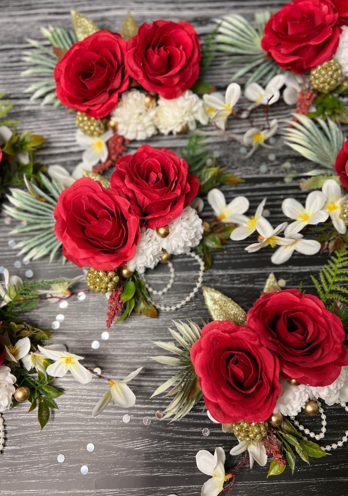 Red Rose & White Blossom Floral Bunches