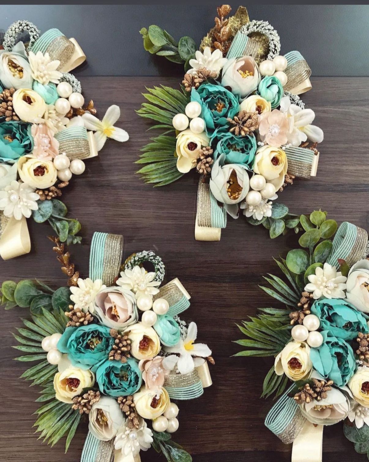 Teal & Ivory Designer Floral Bunches with Pearls