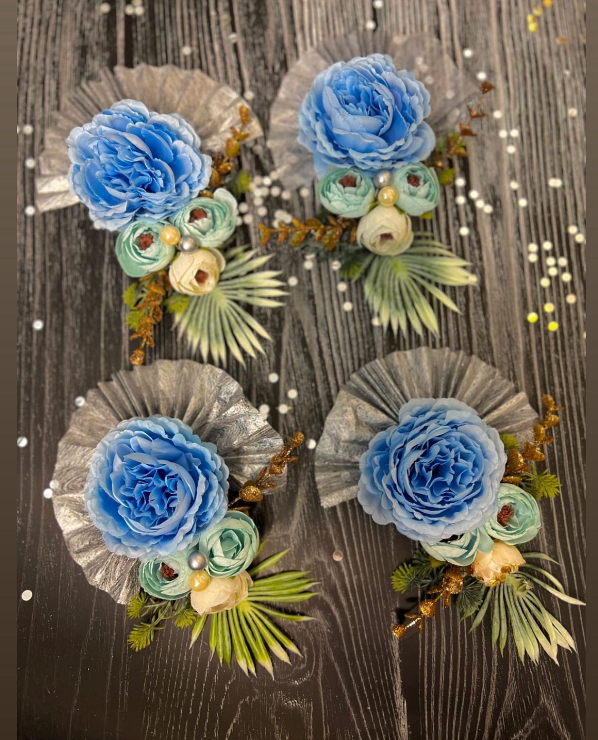 Elegant Blue & Silver Artificial Floral Bunches